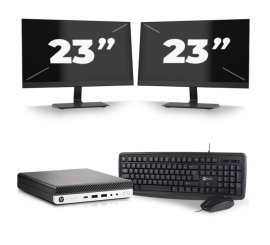 HP EliteDesk 800 G5 USFF – Intel Core i5-9. generacji – 8 GB RAM – 256 GB SSD – Windows 11 + 2x 23-calowy monitor